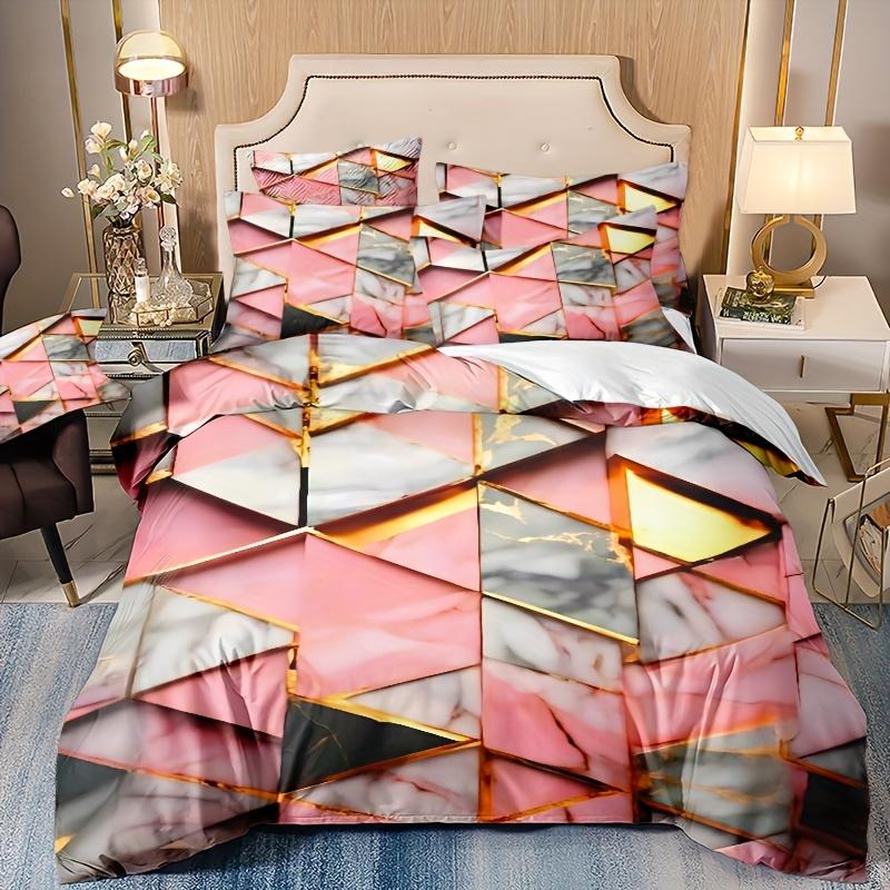 3Pcs Duvet Cover Golden Triangular Glass Pattern Including 1 Duvet Cover And 2Pcs Pillowcase, No Core Comfortable And Breathable