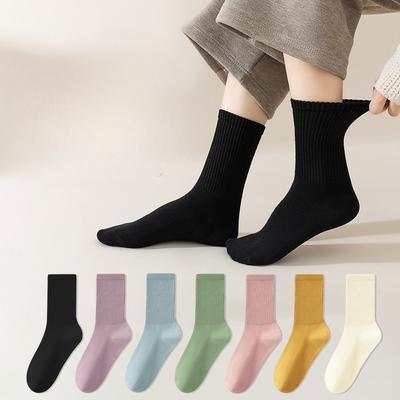 Calcetines de tubo de algodón de color liso para mujer, para primavera y otoño, informales, anti-pilling