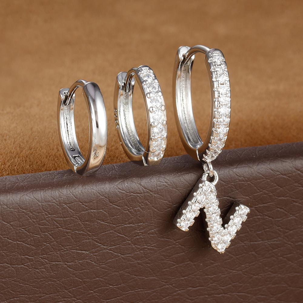 3pcs Silver Color Stainless Steel 26 Letters Hoop Earrings Set For Women A-Z Crystal Zircon Geometric Earrings Wedding Jewelry