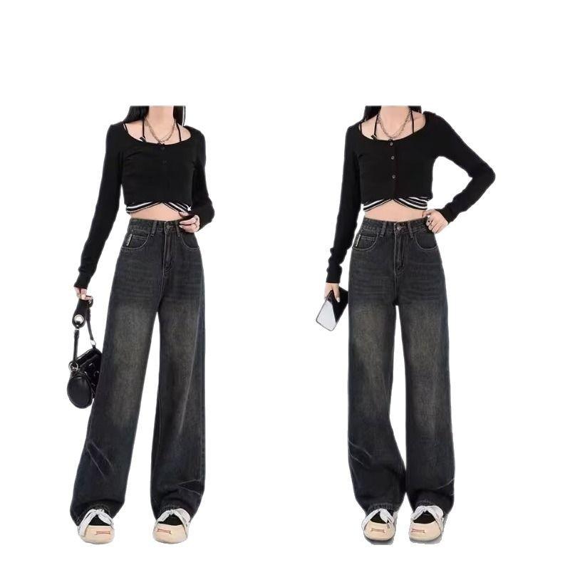 Dark Wash Wide-Leg Jeans for Women - American Retro Plus Size Flared Trousers