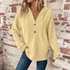 Women's Fashion Long-Sleeved Drawstring Button-Up V-Neck Casual Fleece-Lined Solid-Colour Hooded Sweatshirt Top