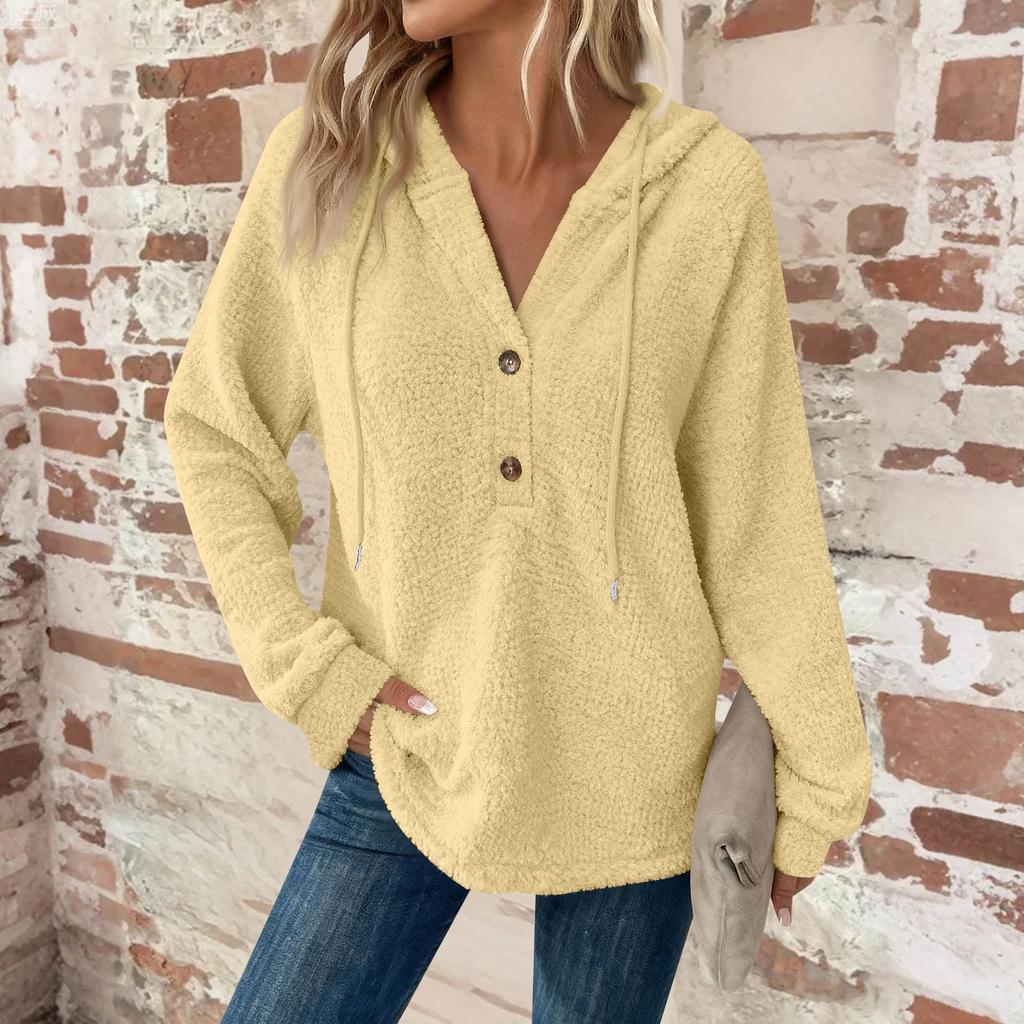 Women's Fashion Long-Sleeved Drawstring Button-Up V-Neck Casual Fleece-Lined Solid-Colour Hooded Sweatshirt Top