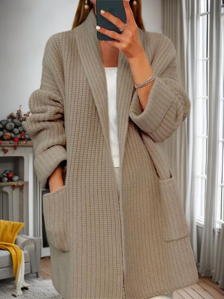 Women's Autumn Winter New Thick Solid Color V-Neck Knit Cardigan Loose Pocket Sweater Coat for Women