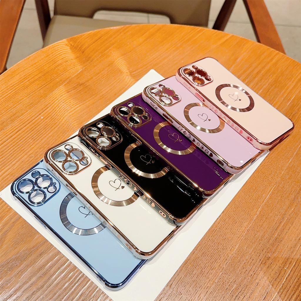 For iPhone 14 Pro Case Compatible with MagSafe Electroplated TPU Phone Cover Hollow Love Hearts