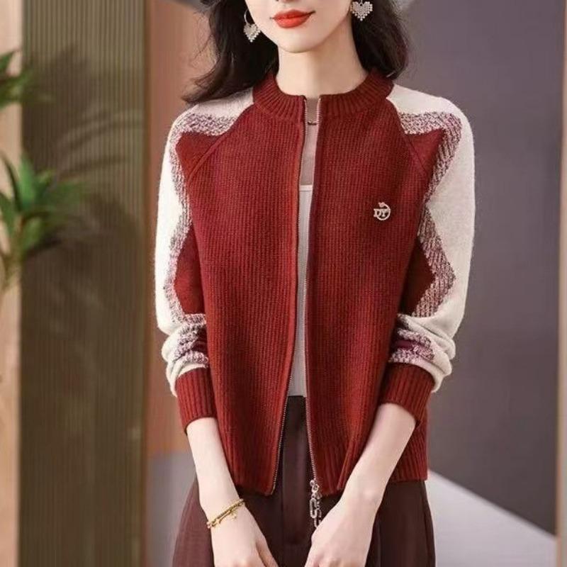 Spring new new round neck double zipper knitted sweater jacket medium mother knitted cardigan sweater jacket