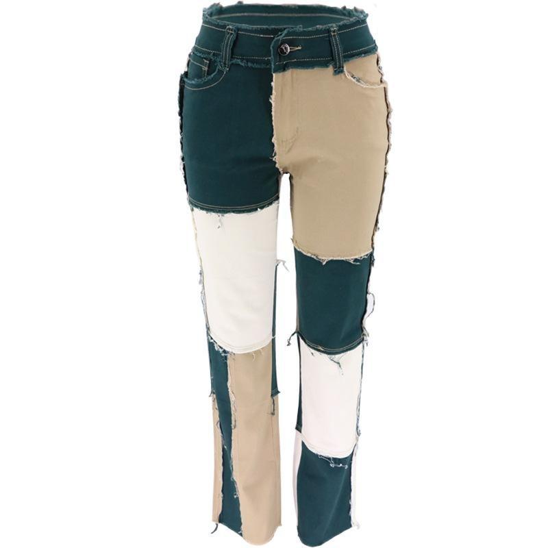 Women's Plus Size Mixed Colour Splicing High Waisted Tight Hip Women's Straight Jeans Trousers