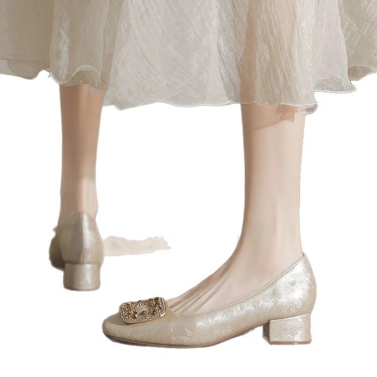 National style new Chinese single shoes annual temperament new rhinestone French thick heel high heels comfortable
