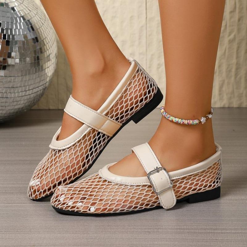 Mesh Flat Shoes Summer New Round Toe Shallow Mouth Breathable Cutout Metal Slip Strap Soft Sole Mary Jane Single Shoes