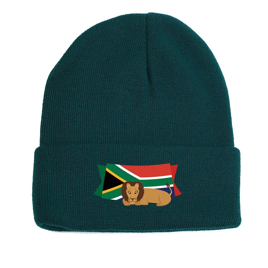 South Africa Flag Lion Warm Knit Cap Beanie, Patriotic Woman Cap Warm Thermal Solid Bonnet Knit Hat Beanie