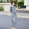Embroidered denim suit skirt women's summer dress new retro hooded short-sleeved skirt two-piece set