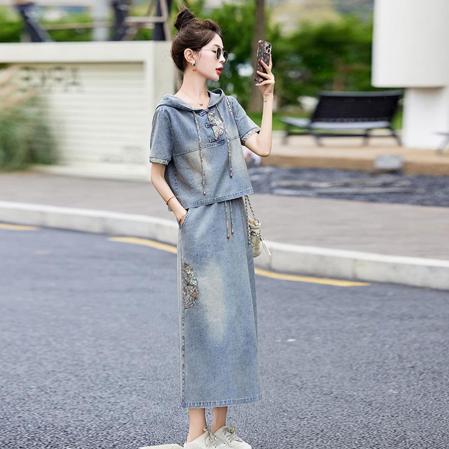 Embroidered denim suit skirt women's summer dress new retro hooded short-sleeved skirt two-piece set