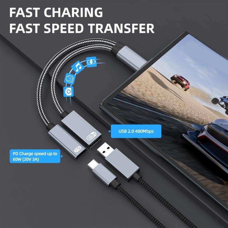 2 in 1 Type C Splitter Aluminum Charging Adapter with 60W Power Delivery Charging & OTG Functionality for Phone Tablet 