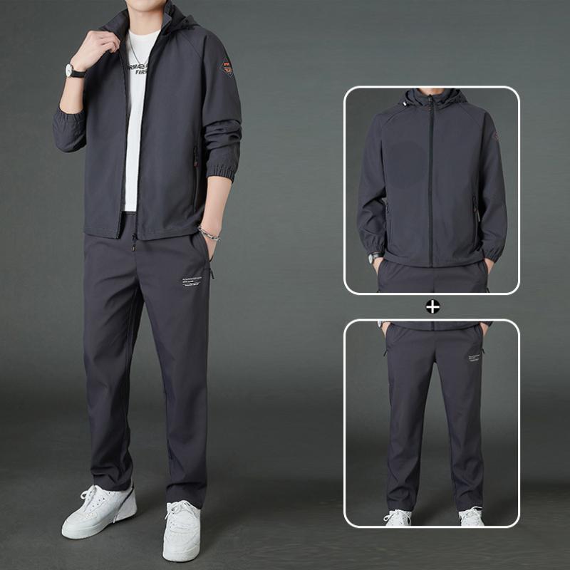 Men's Spring and Autumn 2-Piece Casual Suit - Hooded Utility Jacket + Matching Outerwear