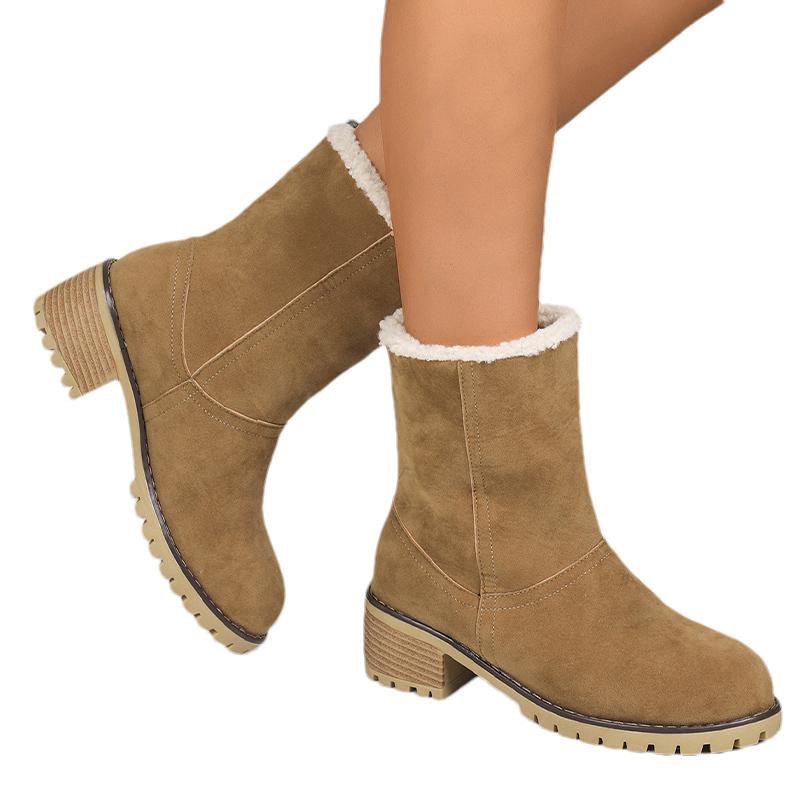 Fur Women Snow Ankle Boots Suede Mid Heels Designer Shoes Short Plush Chunky Chelsea Boots 2024 Trend Winter Pumps Botas Mujer