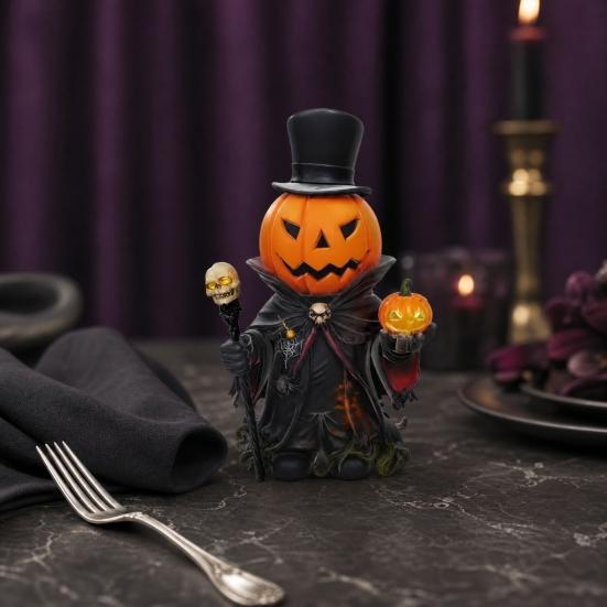 Skull Scepter Pumpkin Ornament with Cloak, Exquisite Resin Pumpkin Head Decorations, Pumpkin Gentleman Holding Small Pumpkin & Scepter Figurine for