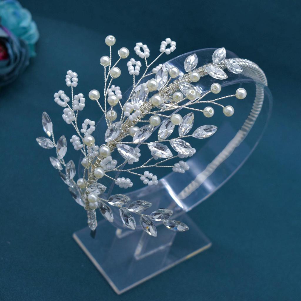 Double Row Pearl Rhinestone Claw Chain Headband with Wedding Veil