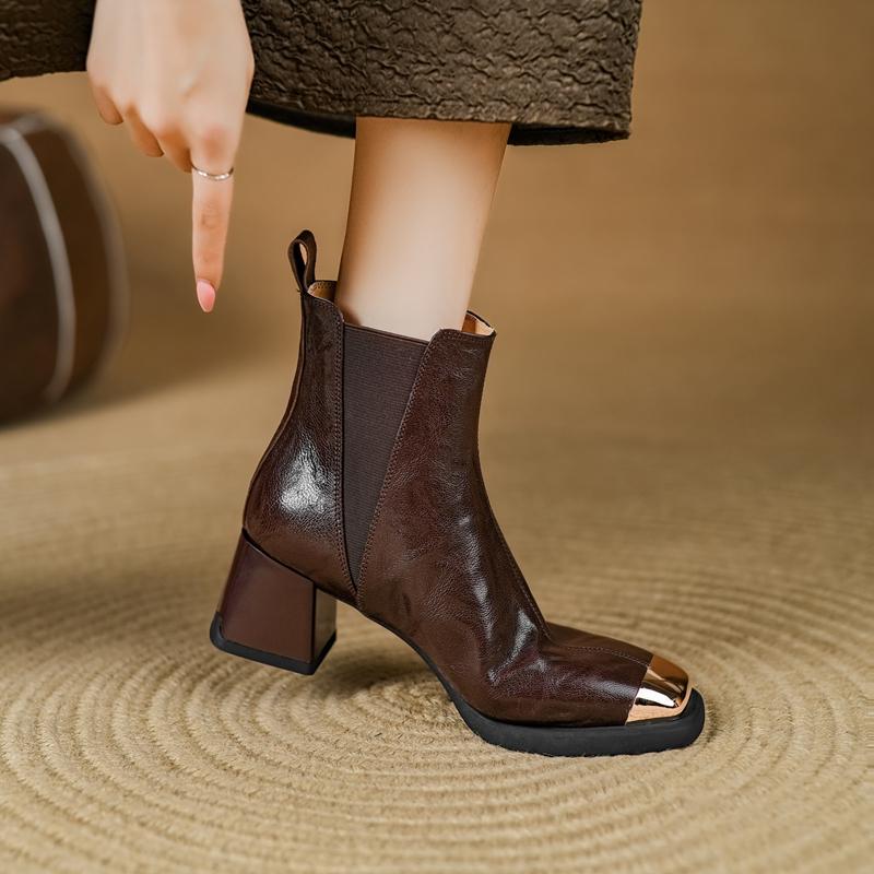 Fashion Women's new autumn square toe leather sheepskin metal high-heeled plus size and calf elastic retro fashion short boots