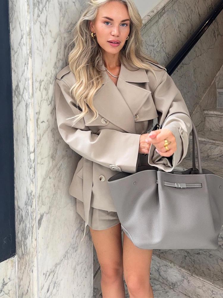 2025 Autumn/Winter Women's Elegant V-neck Tie-up Trench Coat Set