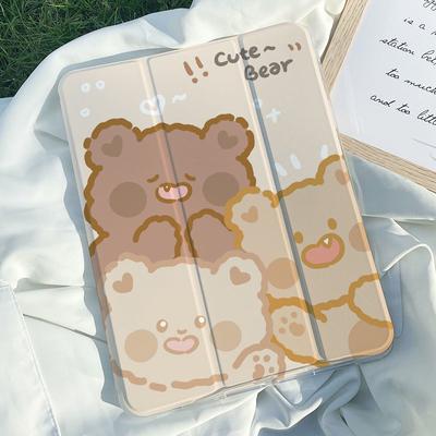 Pro iPad Air 4th 10,9 palcový 2020 Pro 11 2020 2018 Pro 12,9 roztomilý vzor medvěda s držákem na tužku Trojitý stojánek Chytré pouzdro Měkký zadní kryt TPU odolný proti nárazům