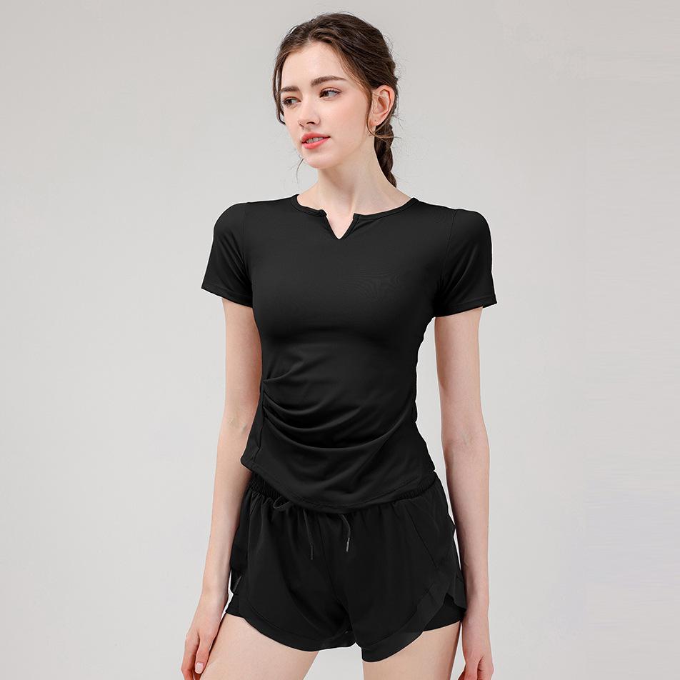 

Женская быстросохнущая спортивная футболка для йоги и бега - Приталенная, с коротким рукавом, дышащая, с боковыми складками, для фитнеса, на лето XL