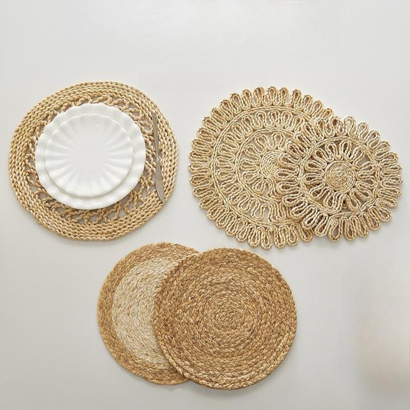 Bohemia Round Woven Placemats for Dining Table Braided Heat Resistant Non-Slip Weave Water Hyacinth Table Mats Table Decoration