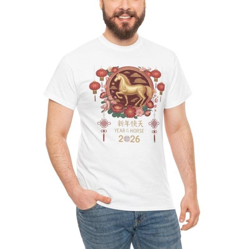 Hello 2026 New Year Chinese Unisex Shirt Happy Lunar New Year Horse Gift Crewneck Printed Tshirt Tops Regular Short Sleeve