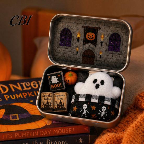Halloween Cabin Illustration Mini Tin Box Gift, Plush Ghost with Haunted House Spooky Unboxing Experience Scene, Collectible Micro Theater Gift