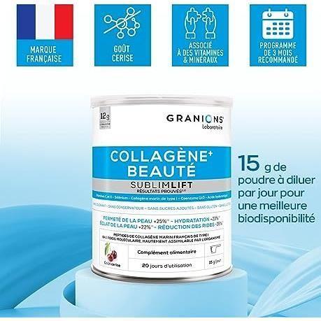 Collagène+ Beauté Sublimlift GRANIONS | Meereskollagen | Hyaluronsäure + Vitamin C, E + Coenzym Q10 | Pulver 300g | Hergestellt in FR