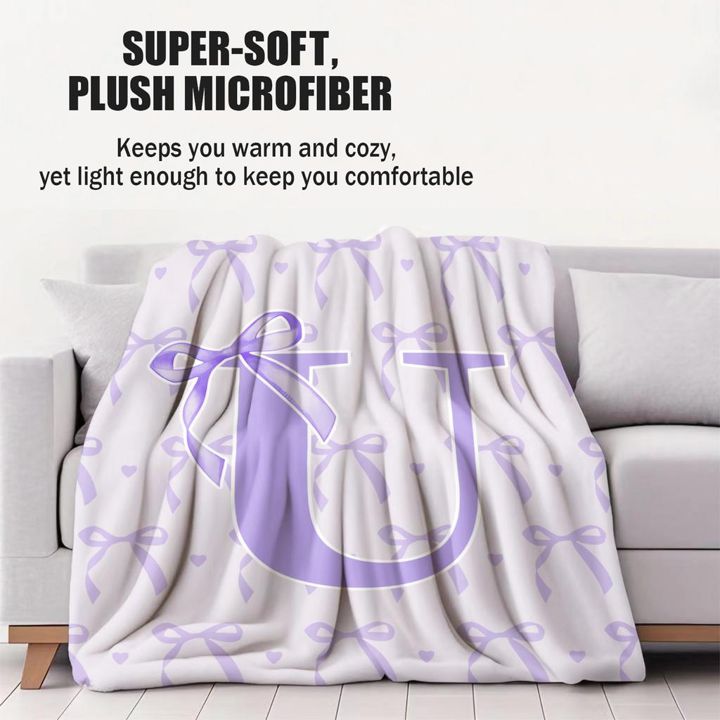 Soft Purple Bow Print Letter U to Z Blanket Warm Cozy Portable Flannel Blanket for Home Camping Travel Gift for Girls Boys