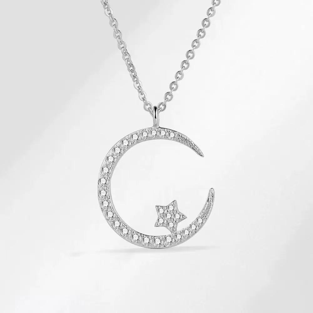 Star and Moon Synthetic Zircon Necklace Female Shine Exquisite Shine Clavicle Chain Niche Design Luxury Pendant for Girlfriend Gift платиновый