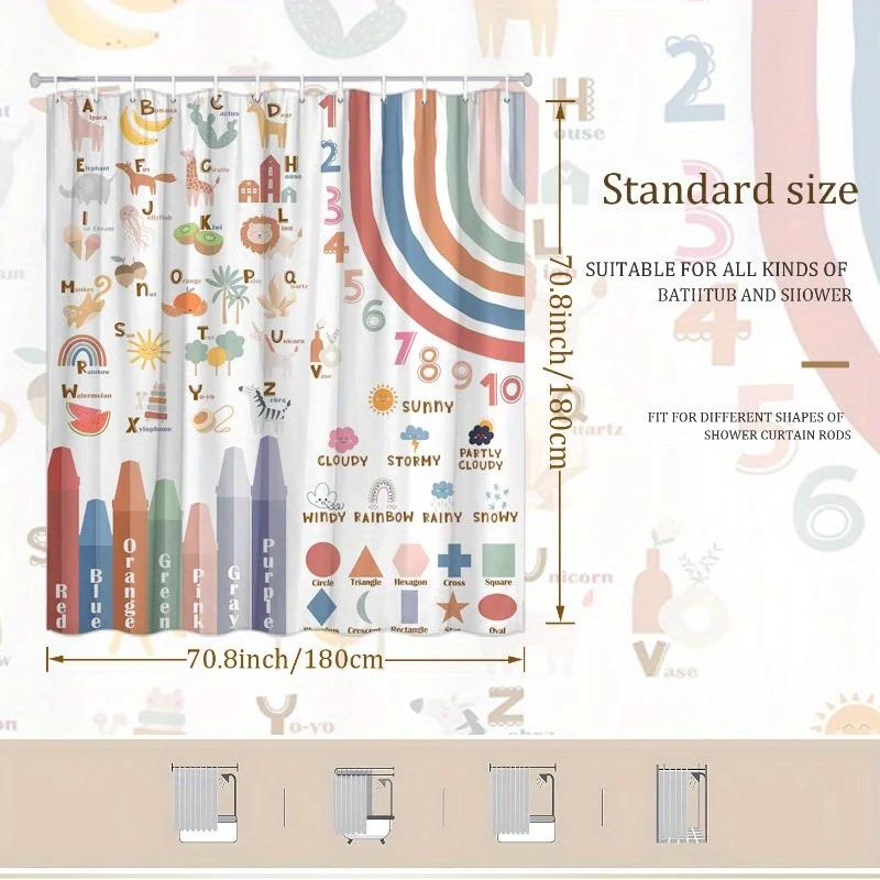 1pc Pastel Alphabet Shower Curtain - Animals, Fruits & Weather, Educational Design, Polyester, 70.8x70.8", Playful Learning