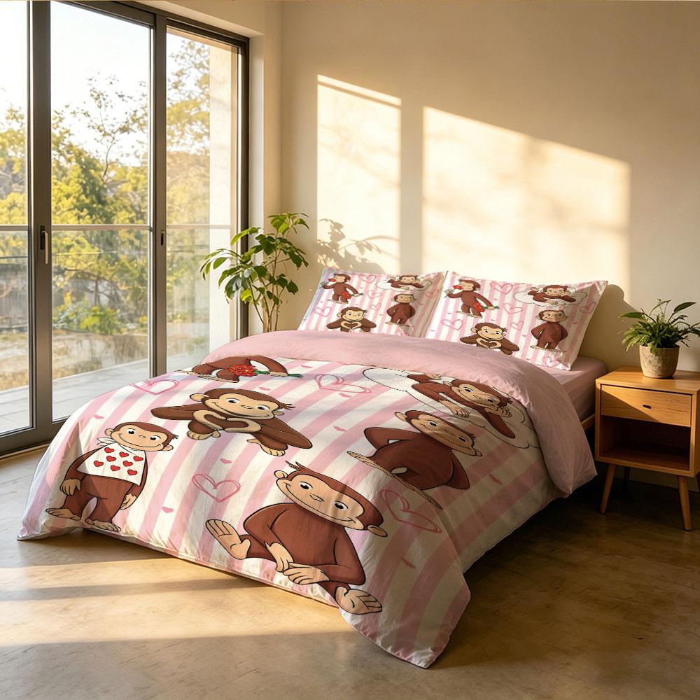 Duvet Cover Set 3Pcs Cute Cartoon Monkey Pink Stripe Print Soft Microfiber Bedding with Pillowcases Kids Bedroom