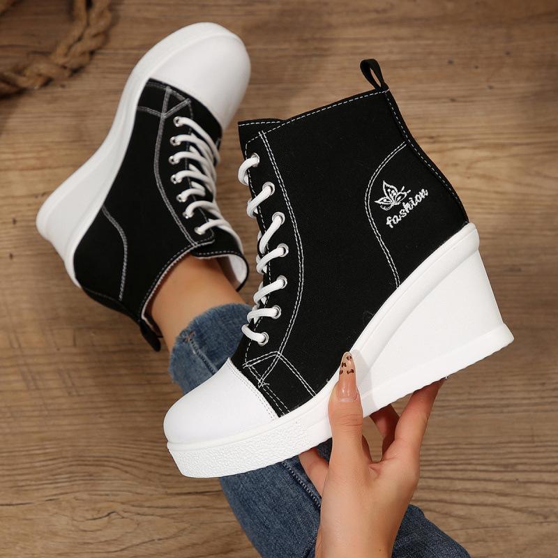 Large size canvas shoes wedge heel lace-up spring new casual high-heeled canvas shoes