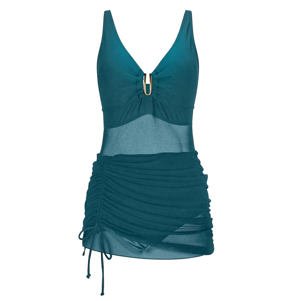 Summer Solid Color Swimsuit Beach Mesh Panel Bathing Suit Vacation Ruched Drawstring Swimwear Sexy V Neck Tummy Quick Dry