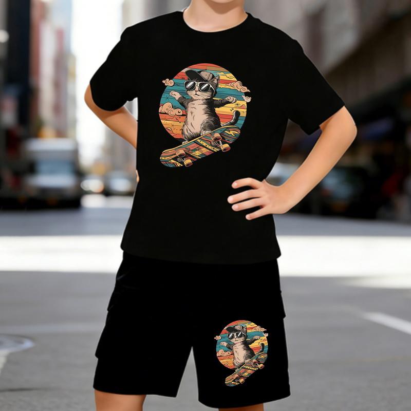 

Boys 2 Piece Cool cat skateboarder printed outfit, Short Sleeve T-Shirt and Shorts Set for Kids Age 5-14,Black,White Sporty Casual Summer Clothes 5-6 Years чёрный
