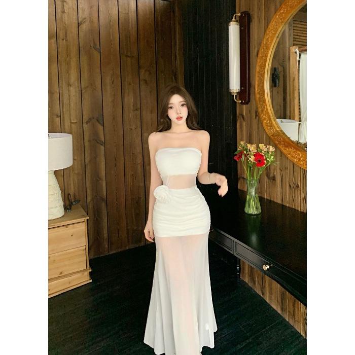 Seaside Holiday Style White Mesh Splicing Sleeveless Tube Top Dress, Super Beautiful, Waist and Hip Beach Dress
