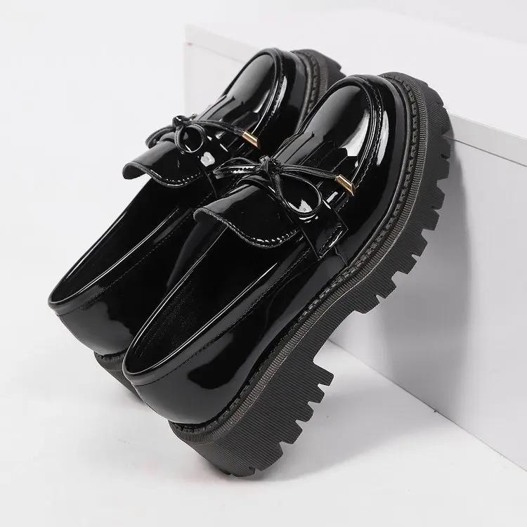 Plus Size Summer Black Retro Platform Flats Women Easy To Put on Butterfly Knot Med Heels Loafers Daily