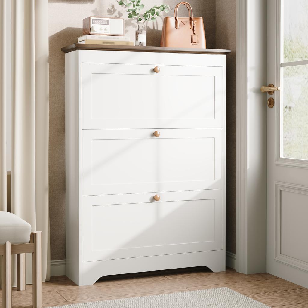 Shoe cabinet with 3 flaps shoe rack, small shoe cabinet for the entrance area, shoe cabinet with large capacity, round handles