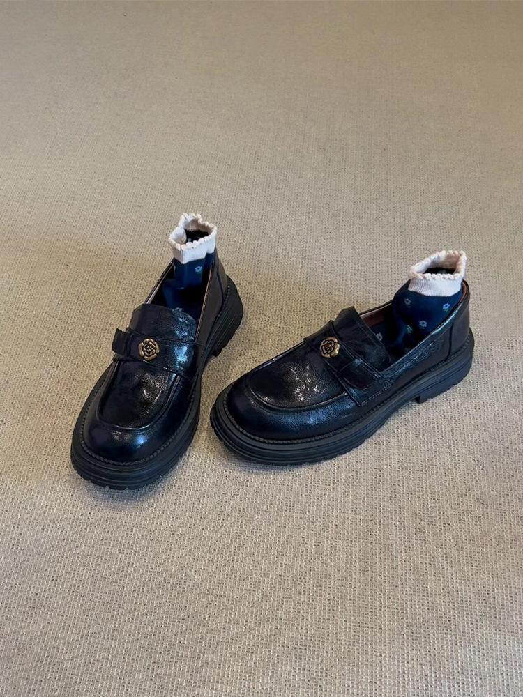 Cowhide version~ Retro camellia thick-heeled loafers women's leather round head one-pedal British style platform small leather shoes