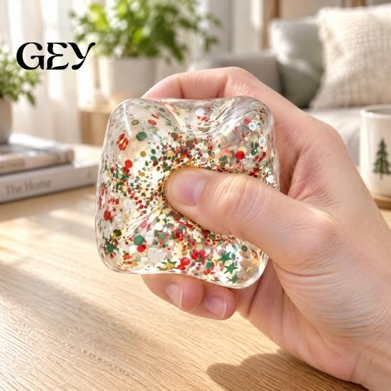 Christmas Stocking Stuffers Stress Cube Fidget Toy, Transparent Squeeze Toy with Glitter, Relaxation Hand Ball Sensory for Anxiety Relief &