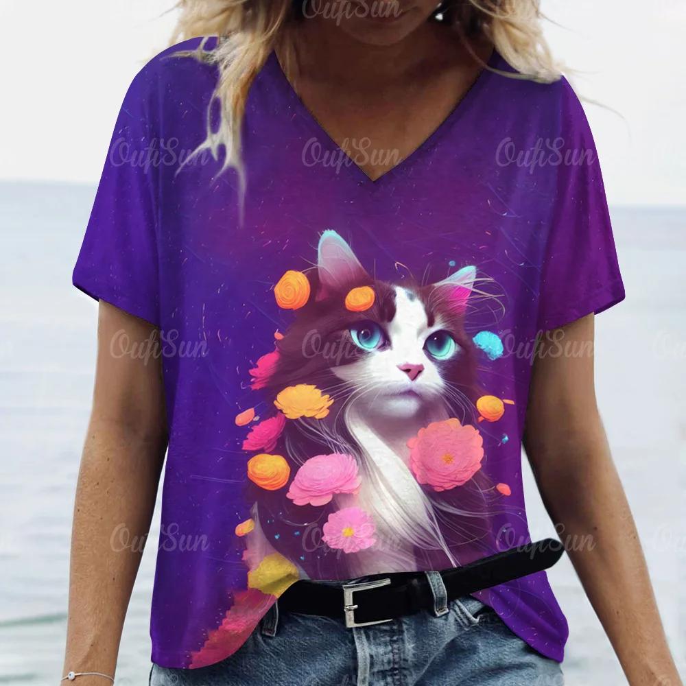 Letni Damski T-shirt Modny Wzór Kreskówkowy Kot Dekolt V Bluzki Koszulki Damska Codzienna Odzież z Krótkim Rękawem Damski Strój Vintage