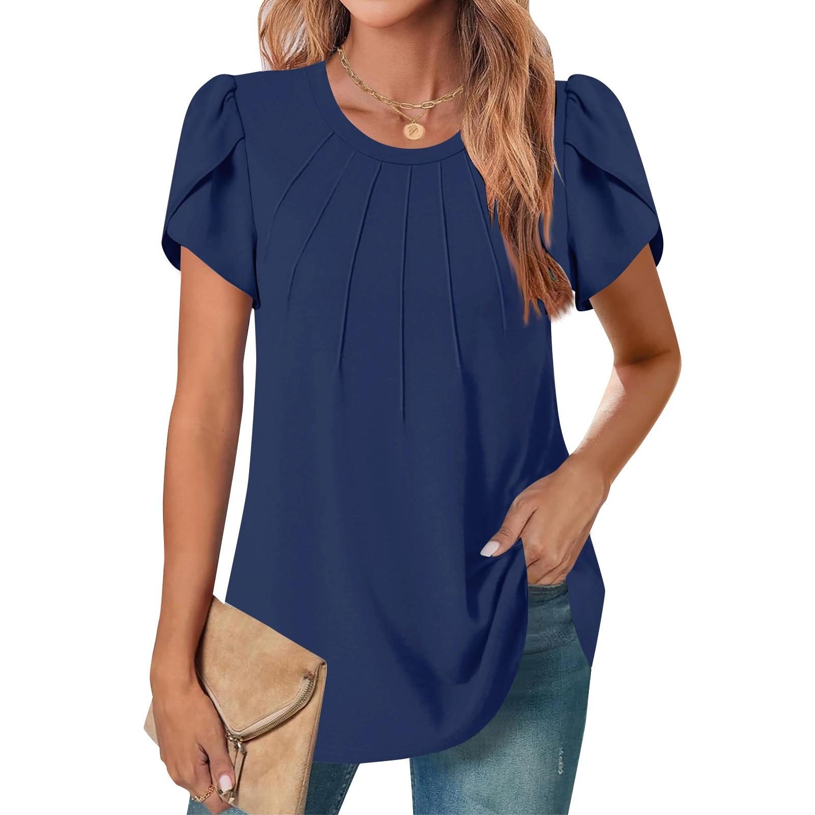

Жіночий повсякденний однотонний топ з круглим вирізом і короткими рукавами, плісированими рукавами з клапаном XXL Темно-синій