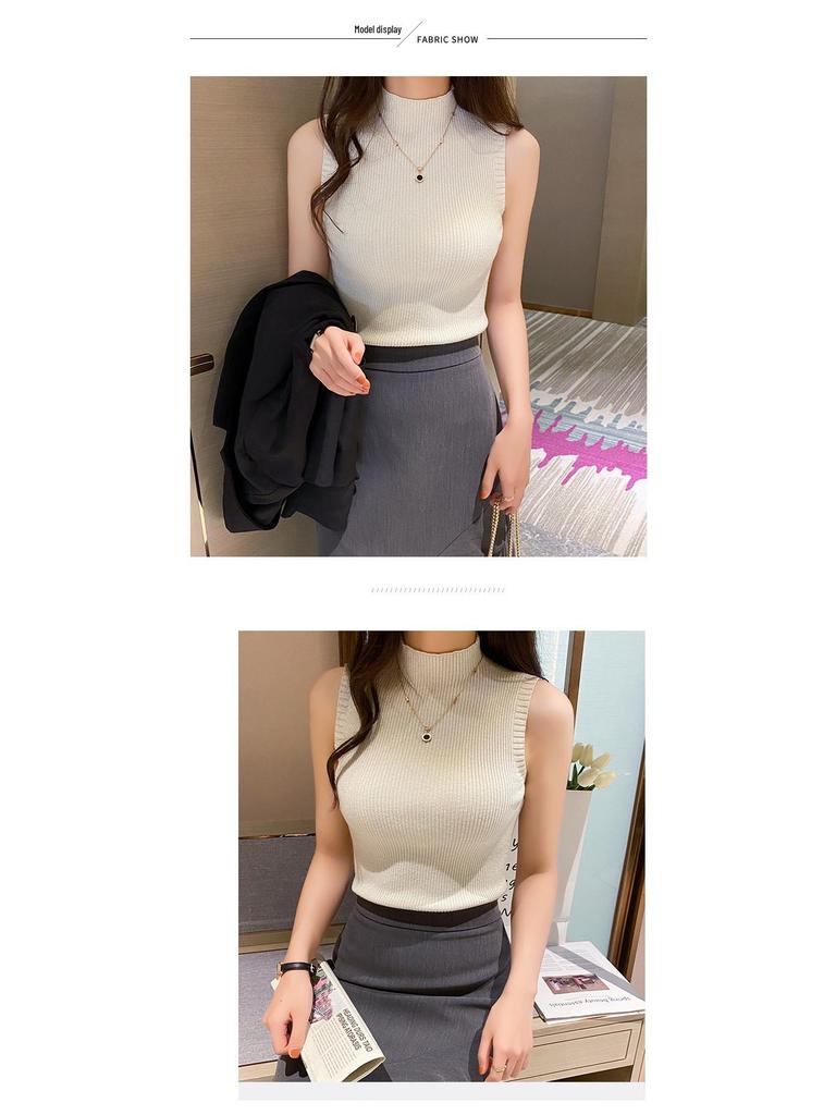 Stylish Shiny Silk Half-High Collar Sleeveless Slim Fit Top