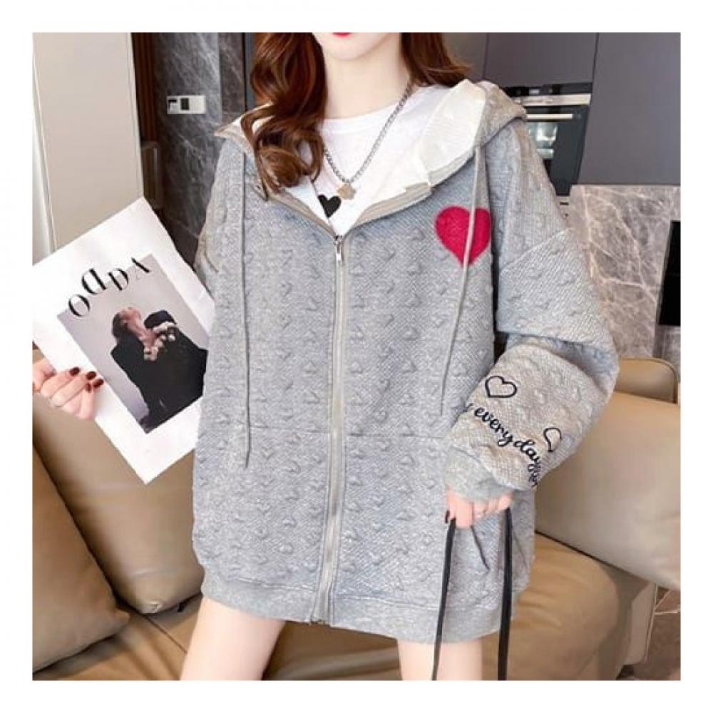 Navava Women Heart Embossed Long Sleeve Hoodie Zip Up Nc141