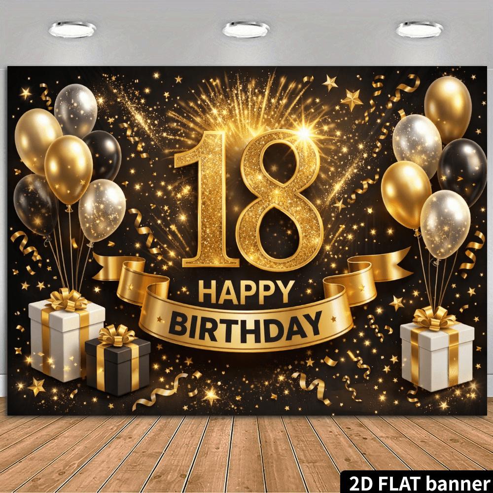 2D Black Gold Balloons 18th Birthday Backdrop Black Gold 18 Gold Black Gold Balloons Fireworks Stars Accent Polyester No Power Required For