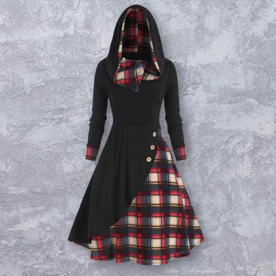 Irregular Pile Collar Hooded Button Decoration Waist Tight Autumn Dress Women Plaid Patchwork