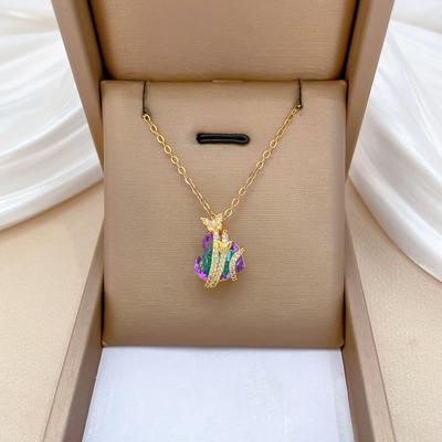 Colorful Heart-To-Heart Light Luxury Temperament Gorgeous Full Diamond Necklace Women'S Versatile Collarbone Chain Titanium Steel Chain