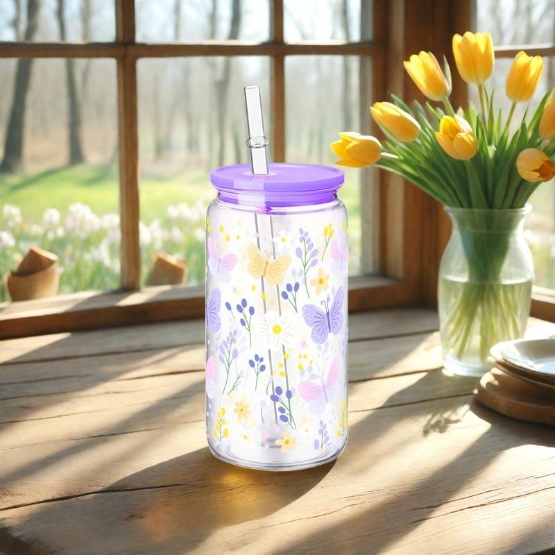 16oz Cute Bow Plastic Cup with Lid Bow Cherry Graffiti Pattern Water Bottle for Kitchen Coffee Straw Cups Beverage Juice Cups