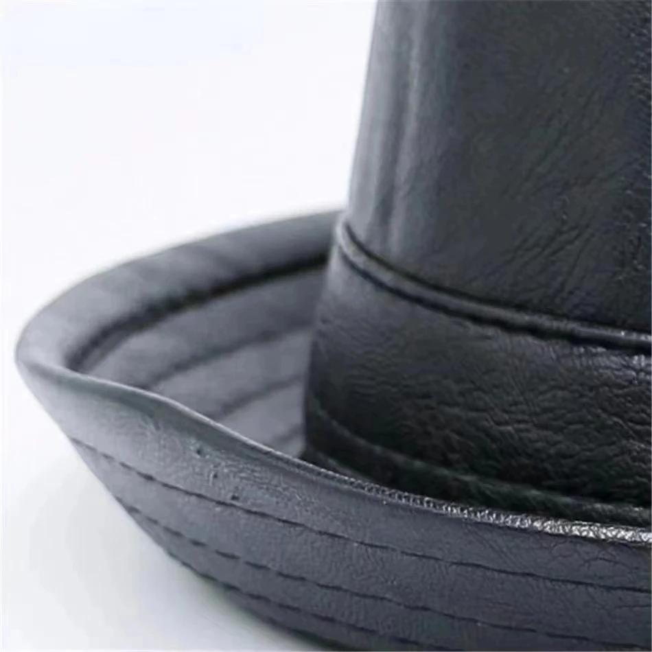 Neue Mode Herren Schwarzer Leder Trilby Hut Männliche Fedora Kappe Retro Damen Herbst Marke Porkpie Hüte Herren Vintage Jazzhüte