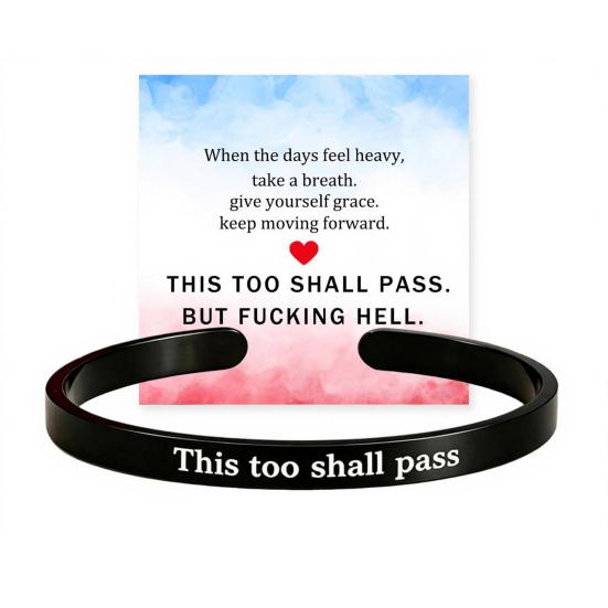Bracciale a manica dal design semplice, Questo passerà anche, Braccialetto con mantra, Messaggio nascosto inciso, Promemoria di resilienza, Bracciale ispiratore, Regolabile